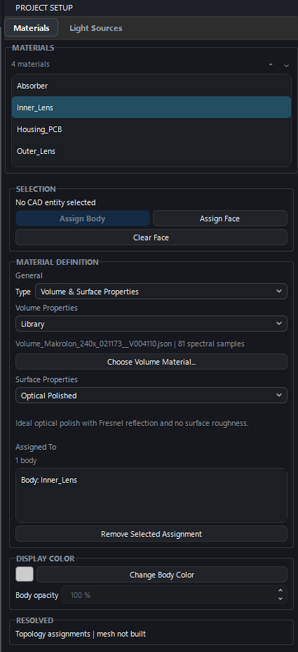 Optical material assignment screen