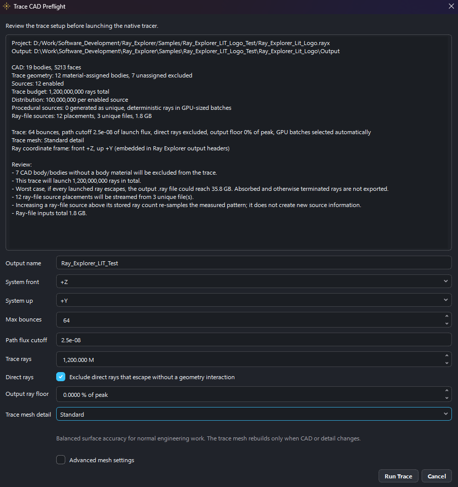 Ray trace definition screen in Ray Explorer